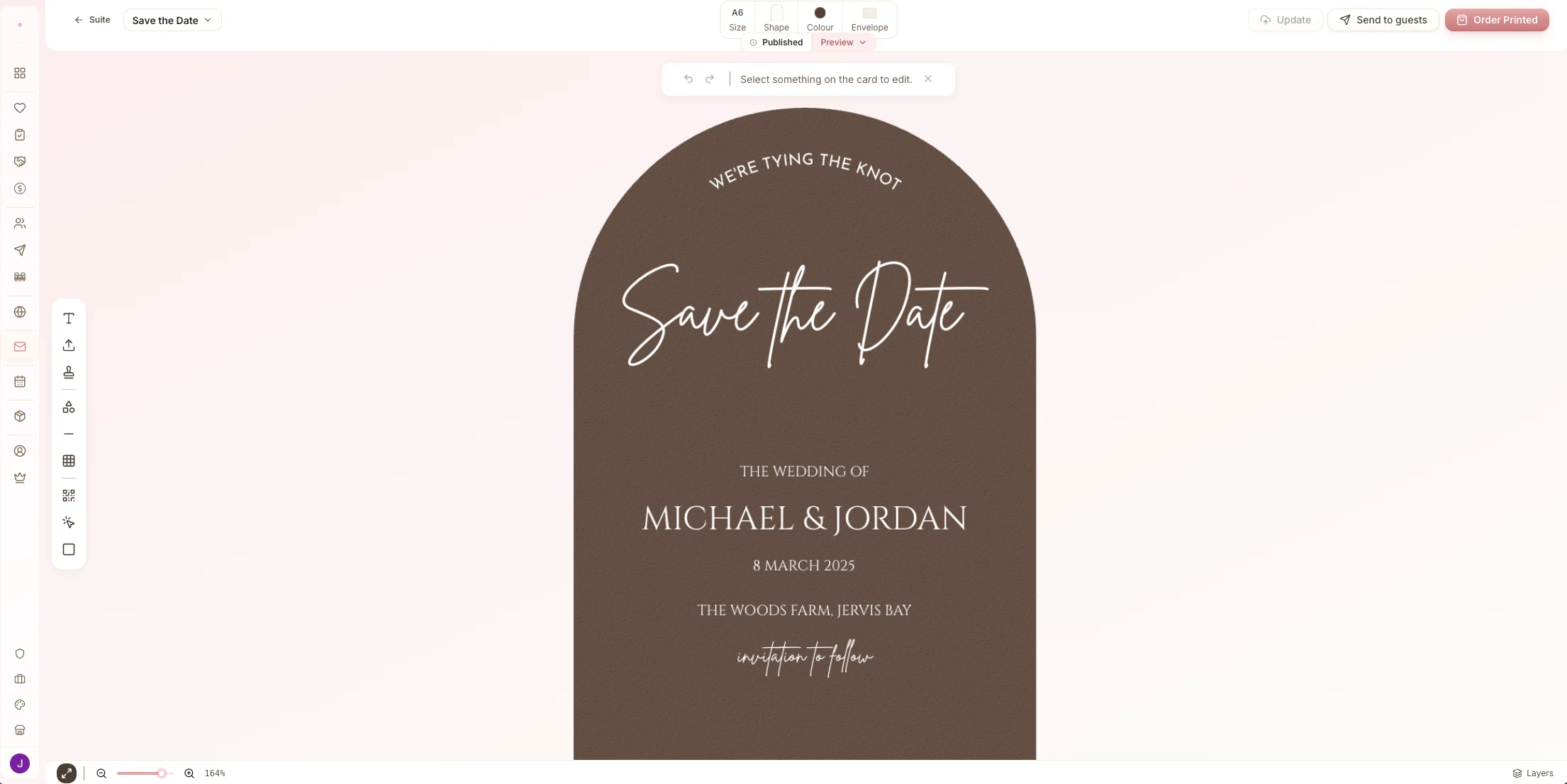 Wedding invitation designer in the Managing Matrimony canvas editor with typography, layers, and swatch tools