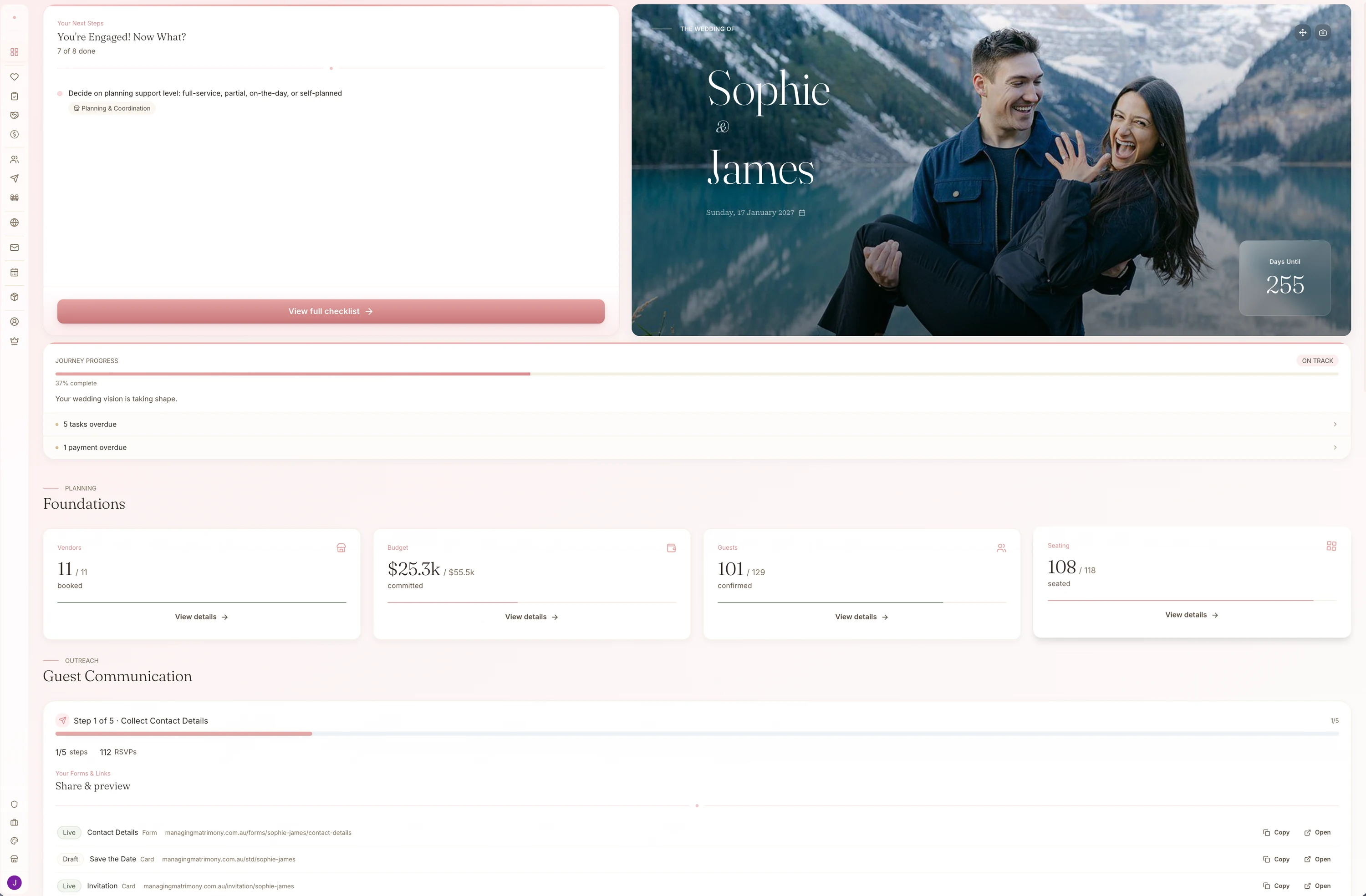 Managing Matrimony dashboard showing wedding planning progress across guest list, RSVPs, runsheet, budget, vendors, and stationery in one connected view