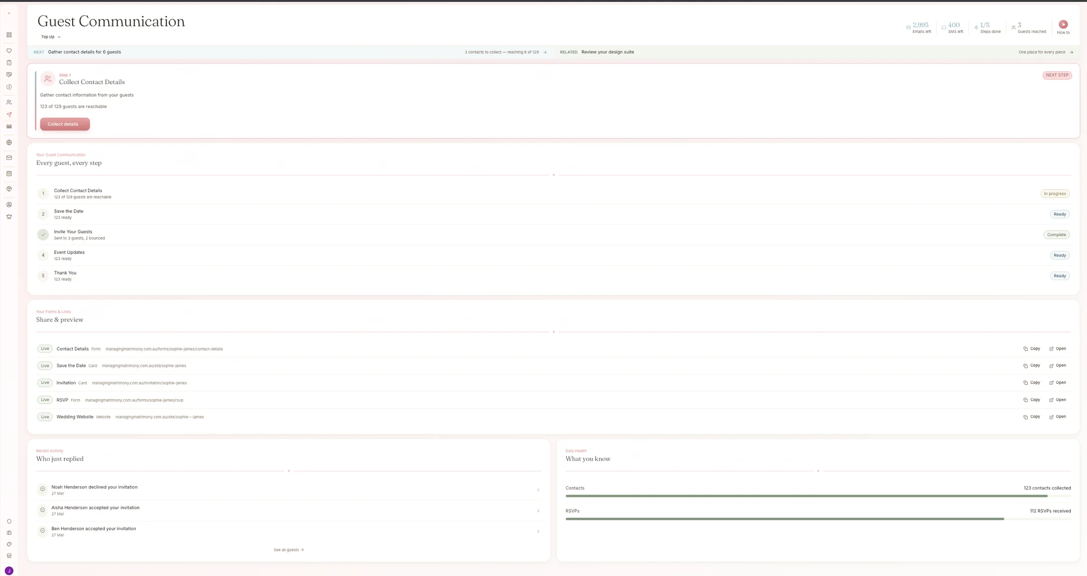 Sending wedding invitations via email and SMS with real-time RSVP tracking
