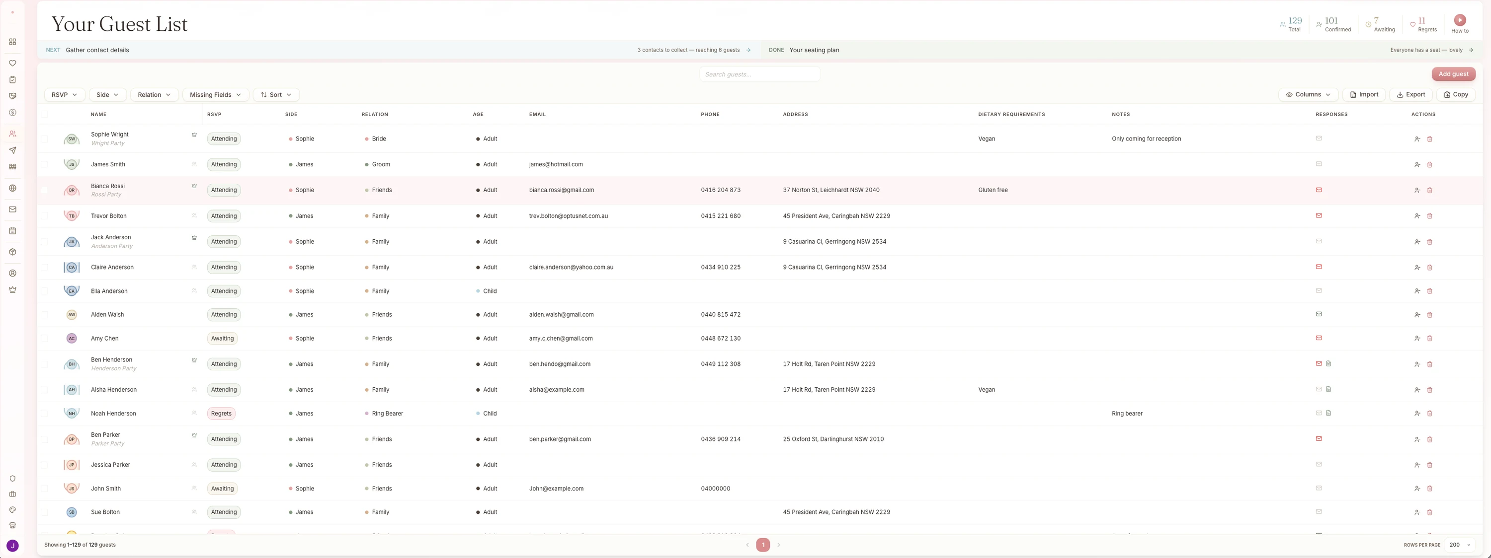 Managing Matrimony wedding guest list with RSVP totals, dietary requirements, and household groups