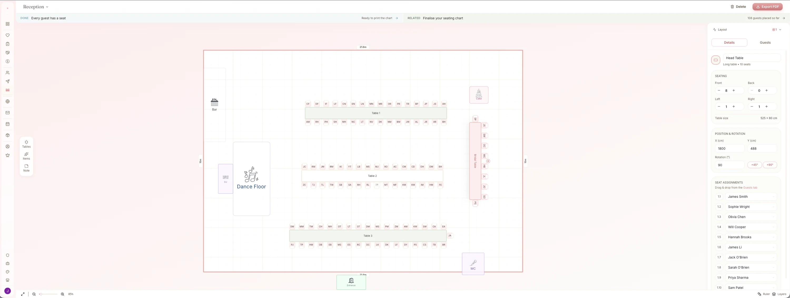 Wedding reception floorplan with round tables and dance floor
