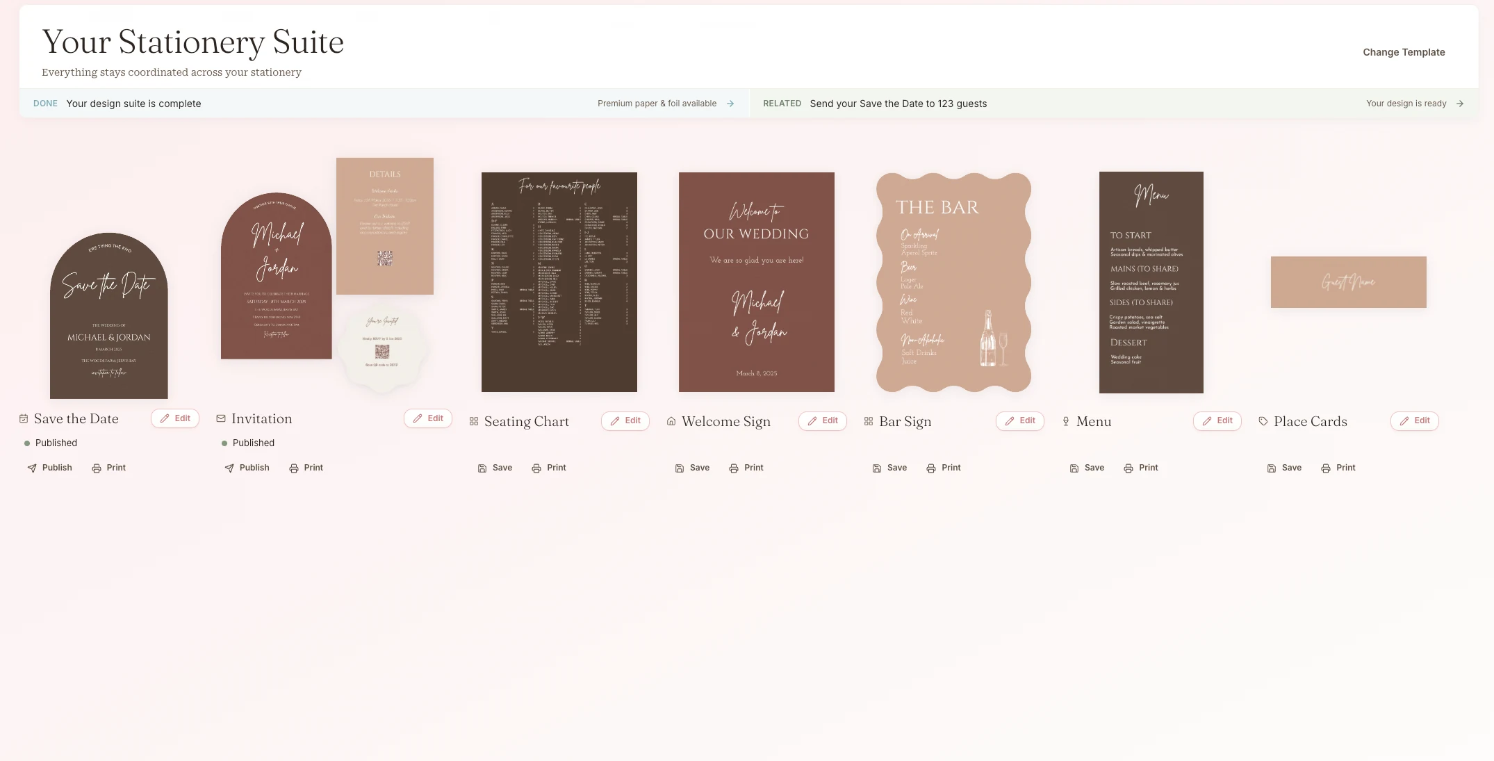 Stationery suite gallery showing welcome signs, seating charts, menus, and other on-the-day printed pieces
