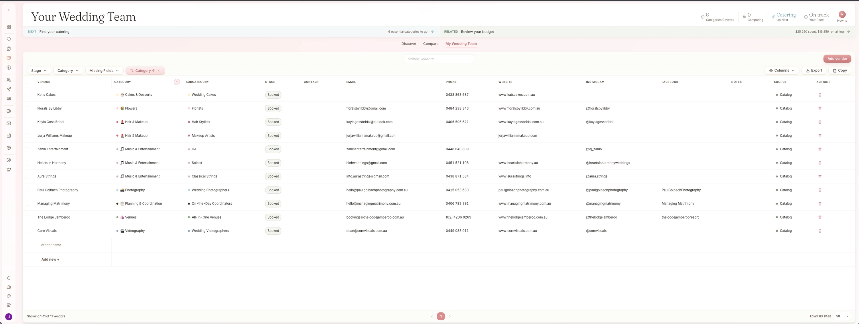 Vendor directory with photos, categories, regions, and review scores