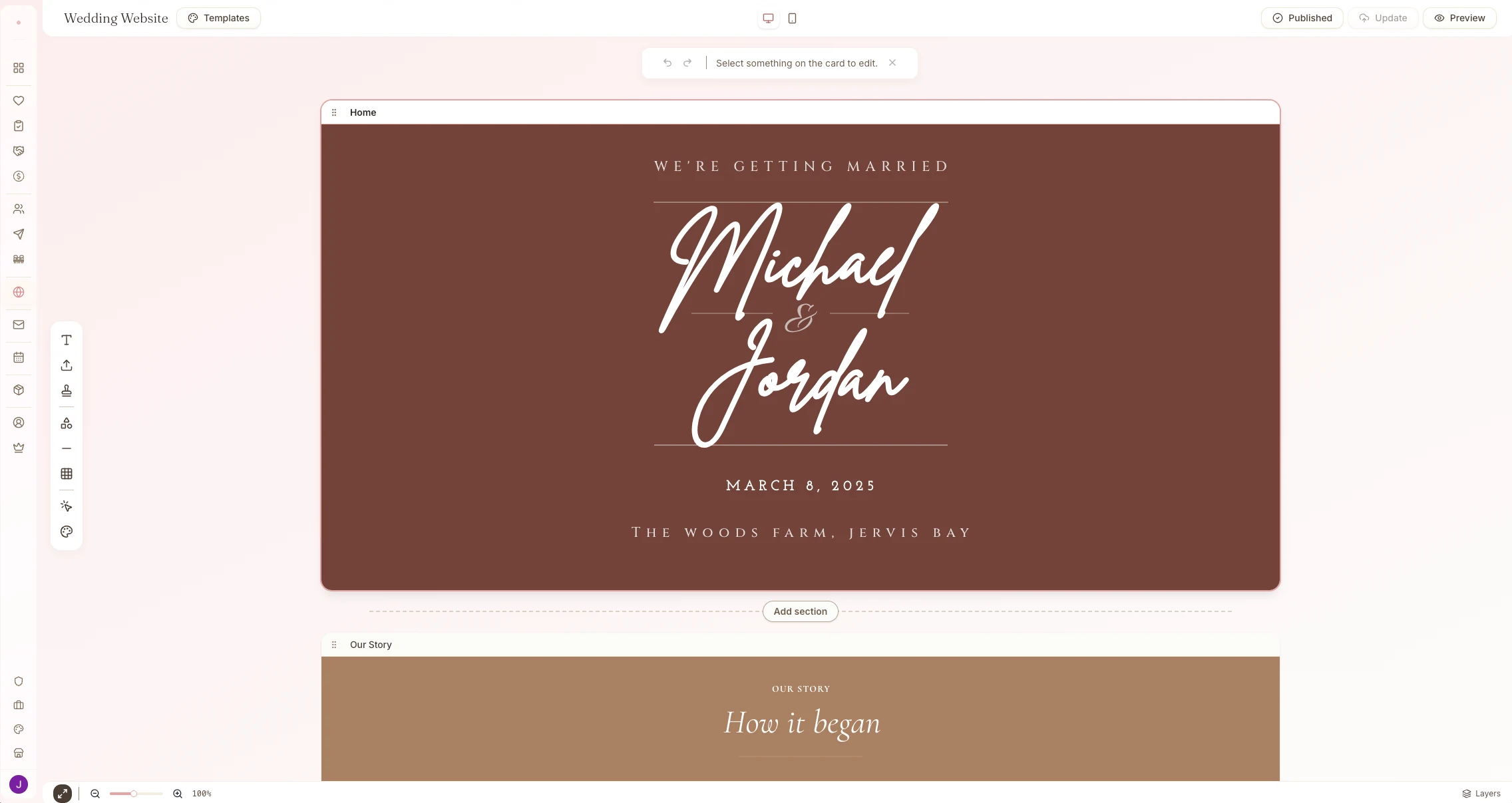 Wedding website preview with hero photo, story timeline, and RSVP form