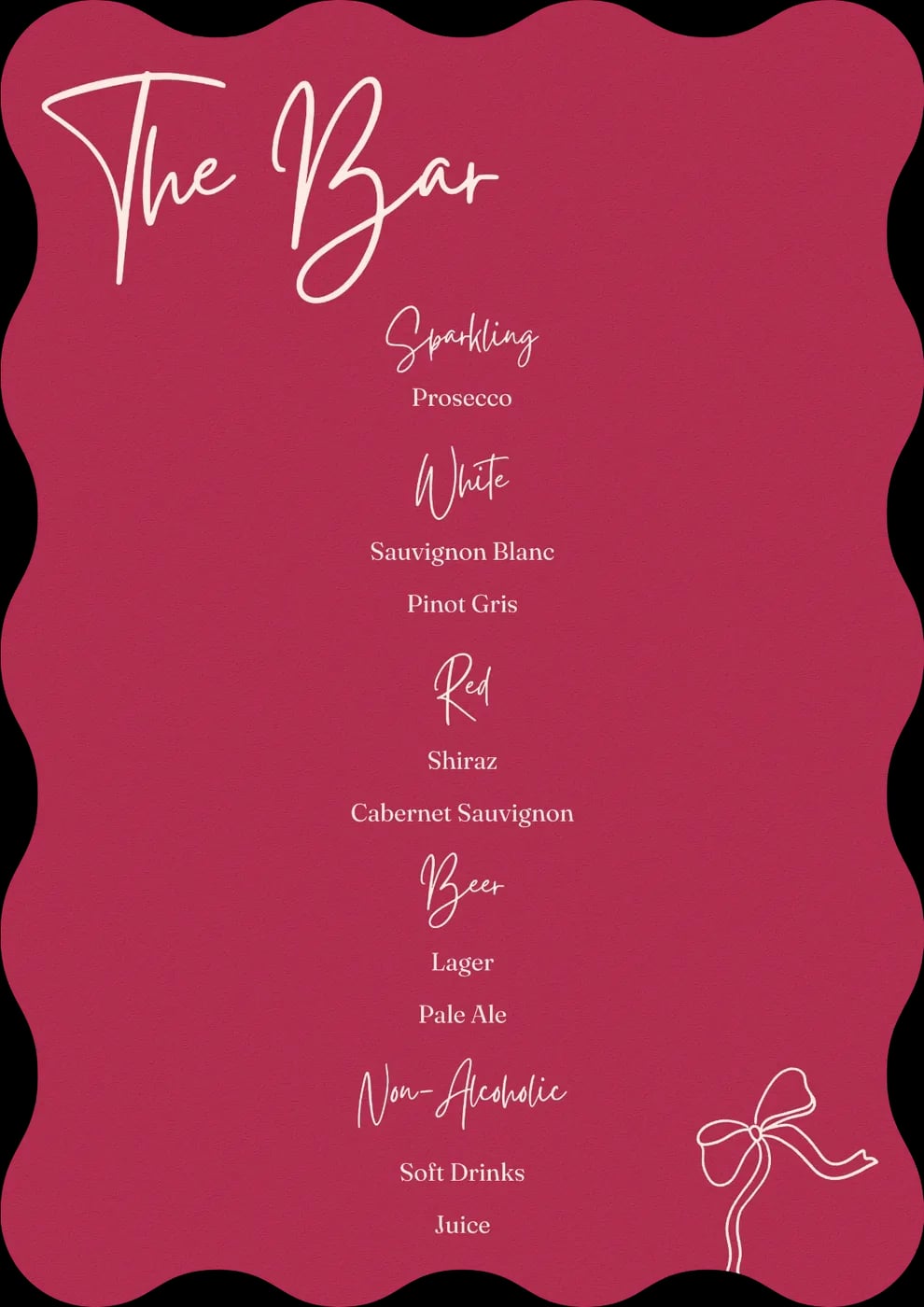 The Bar sign listing the drinks